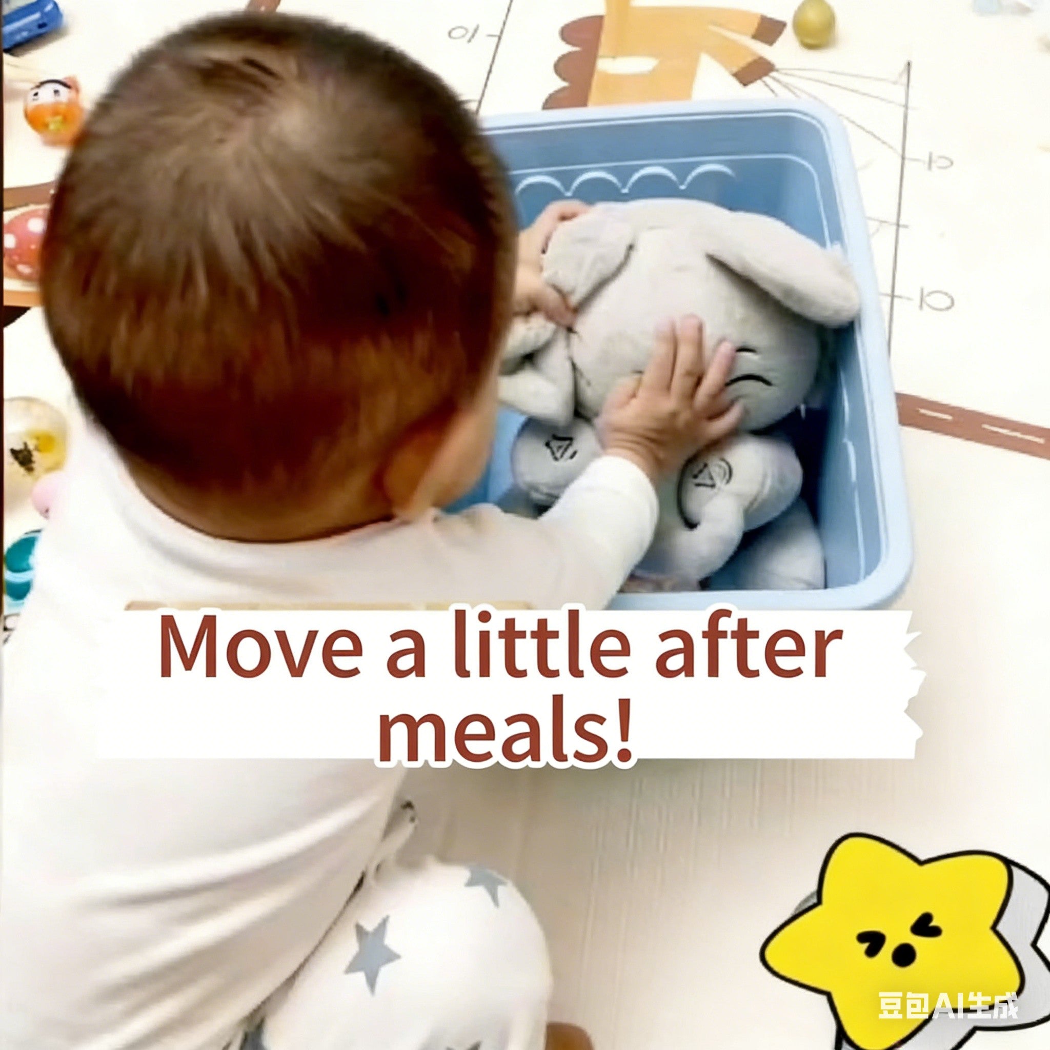 Toddler playing with plush elephant toy after meals, safe post-meal activities for babies