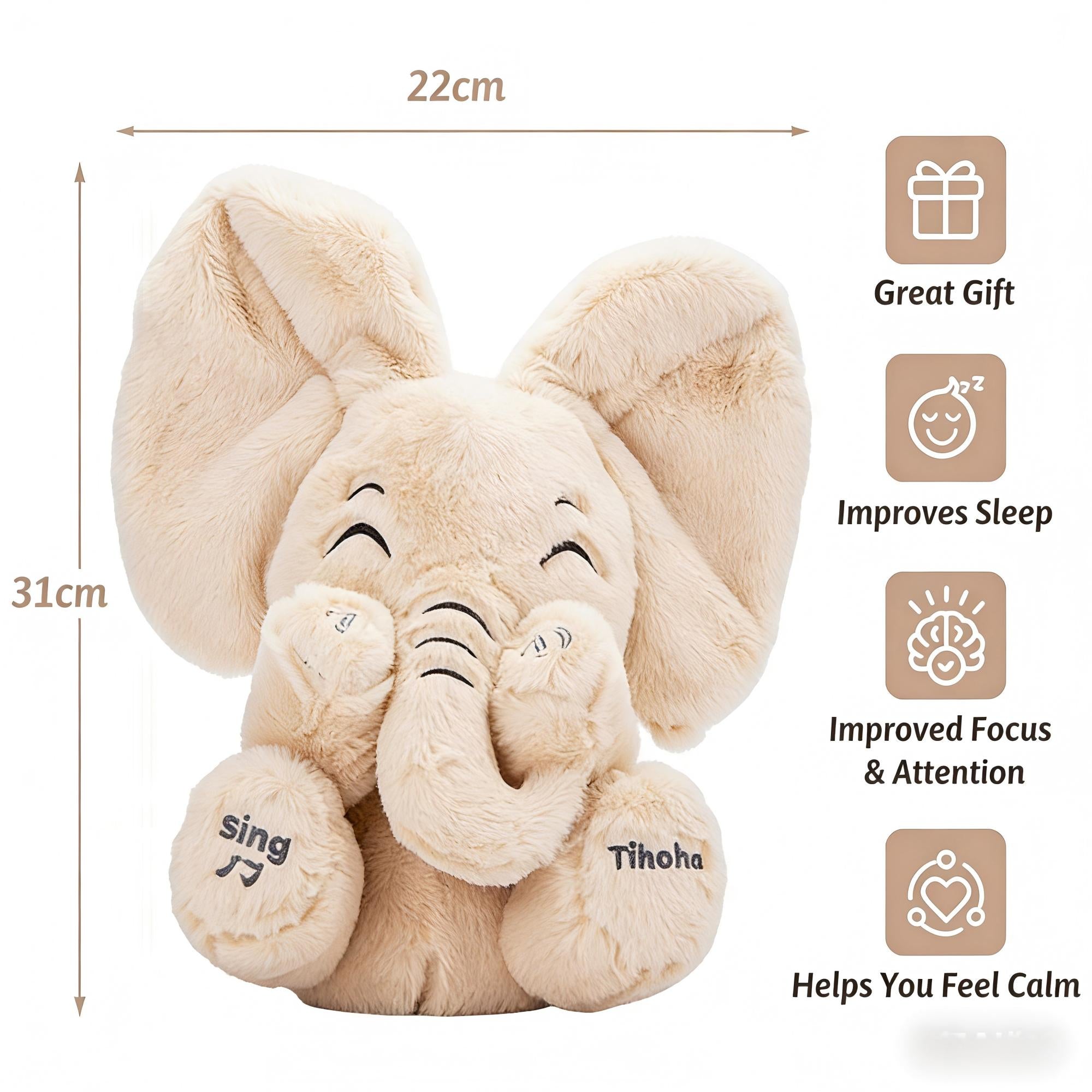 Tihoho Nana elephant plush with flapping ears, Bluetooth music playback for babies.